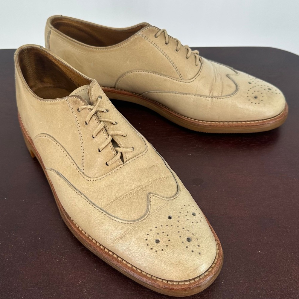 Manistee Mens 8 Tan Beige Cream Leather Wingtip Derby Oxford Borogue Dress Shoes